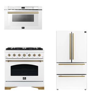 FORNO Espresso Package - 36" Dual Fuel Range, 36" Refrigerator, Microwave in White with Antique Brass Accents