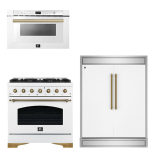 FORNO Espresso Package - 36" Dual Fuel Range, 60" Refrigerator, Microwave in White with Antique Brass Accents