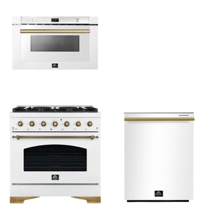 FORNO Espresso Package - 36" Dual Fuel Range, Dishwasher, Microwave in White with Antique Brass Accents