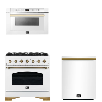 FORNO Espresso Package - 36" Dual Fuel Range, Dishwasher, Microwave in White with Antique Brass Accents