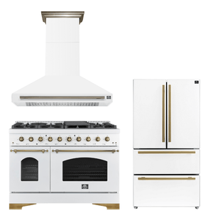 FORNO Espresso Package - 48" Dual Fuel Range, Range Hood, 36" Refrigerator in White with Antique Brass Accents