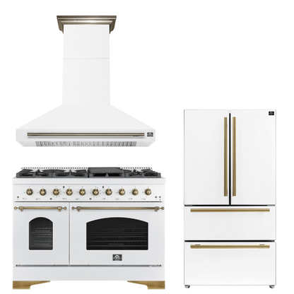FORNO Espresso Package - 48" Dual Fuel Range, Range Hood, 36" Refrigerator in White with Antique Brass Accents