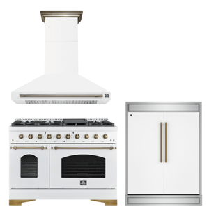 FORNO Espresso Package - 48" Dual Fuel Range, Range Hood, 60" Refrigerator in White with Antique Brass Accents