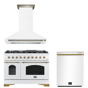 FORNO Espresso Package - 48" Dual Fuel Range, Range Hood, Dishwasher in White with Antique Brass Accents