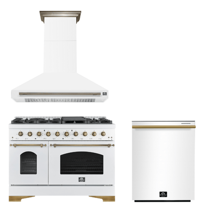 FORNO Espresso Package - 48" Dual Fuel Range, Range Hood, Dishwasher in White with Antique Brass Accents