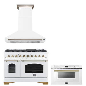 FORNO Espresso Package - 48" Dual Fuel Range, Range Hood, Microwave in White with Antique Brass Accents