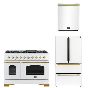 FORNO Espresso Package - 48" Dual Fuel Range, 36" Refrigerator, Dishwasher in White with Antique Brass Accents