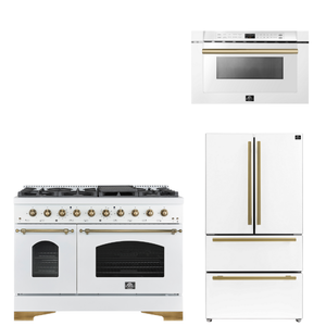 FORNO Espresso Package - 48" Dual Fuel Range, 36" Refrigerator, Microwave in White with Antique Brass Accents