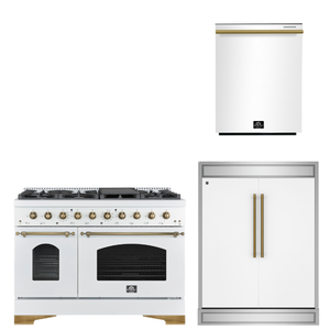 FORNO Espresso Package - 48" Dual Fuel Range, 60" Refrigerator, Dishwasher in White with Antique Brass Accents