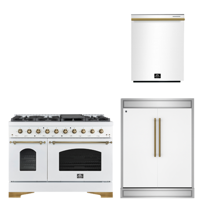 FORNO Espresso Package - 48" Dual Fuel Range, 60" Refrigerator, Dishwasher in White with Antique Brass Accents