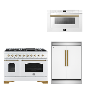 FORNO Espresso Package - 48" Dual Fuel Range, 60" Refrigerator, Microwave in White with Antique Brass Accents