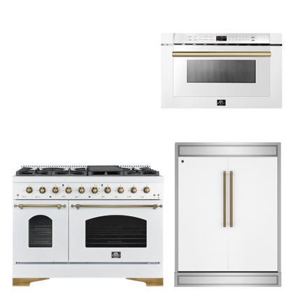 FORNO Espresso Package - 48" Dual Fuel Range, 60" Refrigerator, Microwave in White with Antique Brass Accents