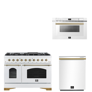 FORNO Espresso Package - 48" Dual Fuel Range, Dishwasher, Microwave in White with Antique Brass Accents