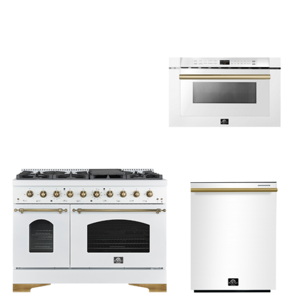 FORNO Espresso Package - 48" Dual Fuel Range, Dishwasher, Microwave in White with Antique Brass Accents