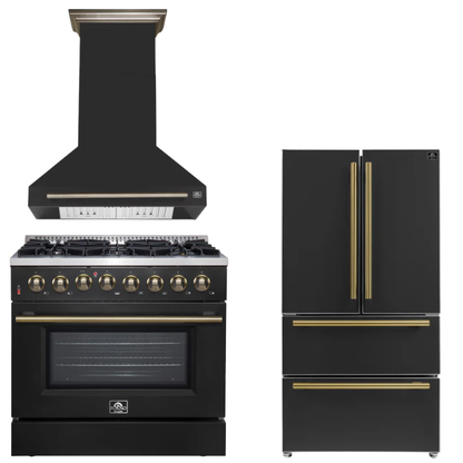 FORNO Appliance Package - 36" Dual Fuel Range, Range Hood, 36" Refrigerator in Black with Antique Brass Accents