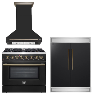 FORNO Appliance Package - 36" Dual Fuel Range, Range Hood, 60" Refrigerator in Black with Antique Brass Accents