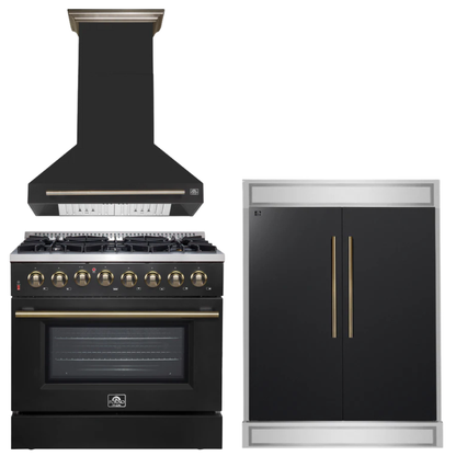 FORNO Appliance Package - 36" Dual Fuel Range, Range Hood, 60" Refrigerator in Black with Antique Brass Accents