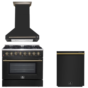 FORNO Appliance Package - 36" Dual Fuel Range, Range Hood, Dishwasher in Black with Antique Brass Accents