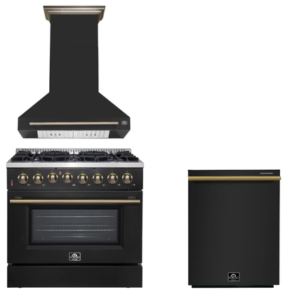 FORNO Appliance Package - 36" Dual Fuel Range, Range Hood, Dishwasher in Black with Antique Brass Accents