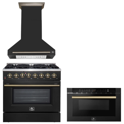 FORNO Appliance Package - 36" Dual Fuel Range, Range Hood, Microwave in Black with Antique Brass Accents