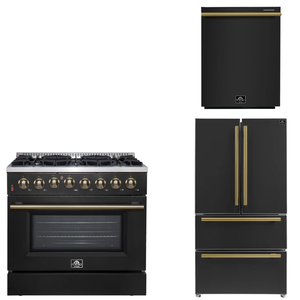 FORNO Appliance Package - 36" Dual Fuel Range, 36" Refrigerator, Dishwasher in Black with Antique Brass Accents