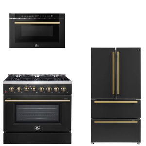 FORNO Appliance Package - 36" Dual Fuel Range, 36" Refrigerator, Microwave in Black with Antique Brass Accents