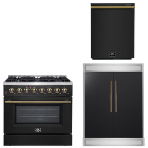 FORNO Appliance Package - 36" Dual Fuel Range, 60" Refrigerator, Dishwasher in Black with Antique Brass Accents