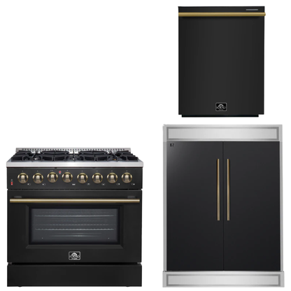 FORNO Appliance Package - 36" Dual Fuel Range, 60" Refrigerator, Dishwasher in Black with Antique Brass Accents