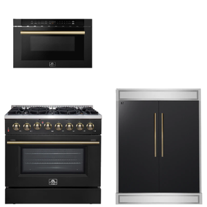 FORNO Appliance Package - 36" Dual Fuel Range, 60" Refrigerator, Microwave in Black with Antique Brass Accents