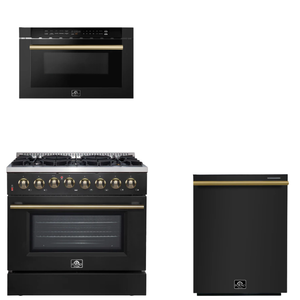FORNO Appliance Package - 36" Dual Fuel Range, Dishwasher, Microwave in Black with Antique Brass Accents