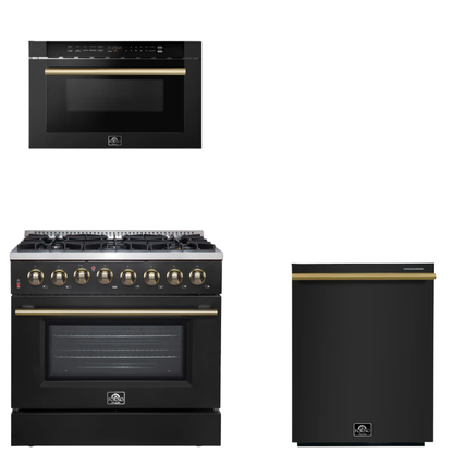 FORNO Appliance Package - 36" Dual Fuel Range, Dishwasher, Microwave in Black with Antique Brass Accents