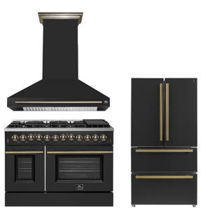 FORNO Appliance Package - 48" Dual Fuel Range, Range Hood, 36" Refrigerator in Black with Antique Brass Accents
