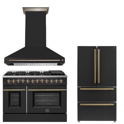 FORNO Appliance Package - 48" Dual Fuel Range, Range Hood, 36" Refrigerator in Black with Antique Brass Accents
