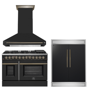 FORNO Appliance Package - 48" Dual Fuel Range, Range Hood, 60" Refrigerator in Black with Antique Brass Accents