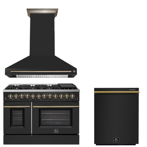 FORNO Appliance Package - 48" Dual Fuel Range, Range Hood, Dishwasher in Black with Antique Brass Accents