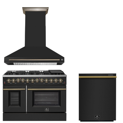 FORNO Appliance Package - 48" Dual Fuel Range, Range Hood, Dishwasher in Black with Antique Brass Accents