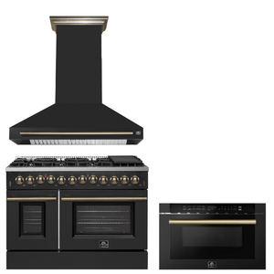 FORNO Appliance Package - 48" Dual Fuel Range, Range Hood, Microwave in Black with Antique Brass Accents