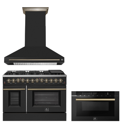 FORNO Appliance Package - 48" Dual Fuel Range, Range Hood, Microwave in Black with Antique Brass Accents