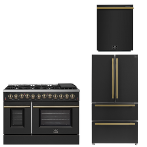 FORNO Appliance Package - 48" Dual Fuel Range, 36" Refrigerator, Dishwasher in Black with Antique Brass Accents