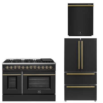 FORNO Appliance Package - 48" Dual Fuel Range, 36" Refrigerator, Dishwasher in Black with Antique Brass Accents