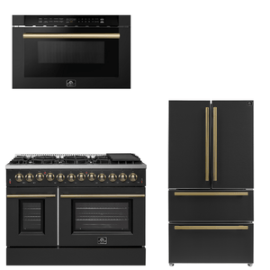 FORNO Appliance Package - 48" Dual Fuel Range, 36" Refrigerator, Microwave in Black with Antique Brass Accents