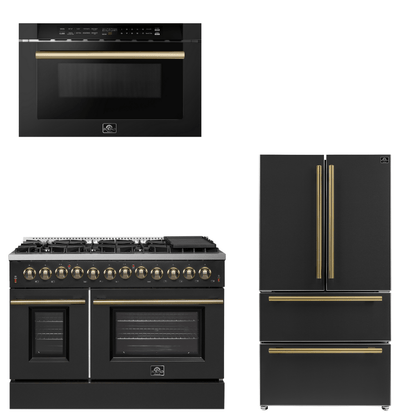 FORNO Appliance Package - 48" Dual Fuel Range, 36" Refrigerator, Microwave in Black with Antique Brass Accents