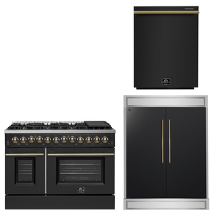 FORNO Appliance Package - 48" Dual Fuel Range, 60" Refrigerator, Dishwasher in Black with Antique Brass Accents
