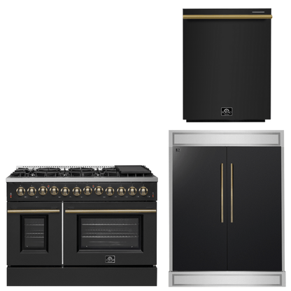 FORNO Appliance Package - 48" Dual Fuel Range, 60" Refrigerator, Dishwasher in Black with Antique Brass Accents