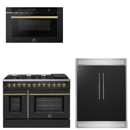 FORNO Appliance Package - 48" Dual Fuel Range, 60" Refrigerator, Microwave in Black with Antique Brass Accents