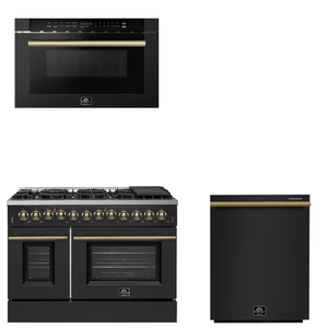 FORNO Appliance Package - 48" Dual Fuel Range, Dishwasher, Microwave in Black with Antique Brass Accents