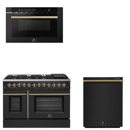 FORNO Appliance Package - 48" Dual Fuel Range, Dishwasher, Microwave in Black with Antique Brass Accents