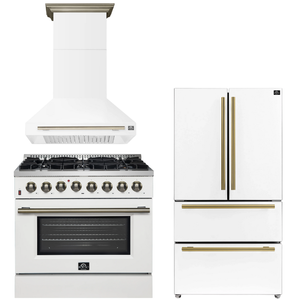 FORNO Appliance Package - 36" Dual Fuel Range, Range Hood, 36" Refrigerator in White with Antique Brass Accents
