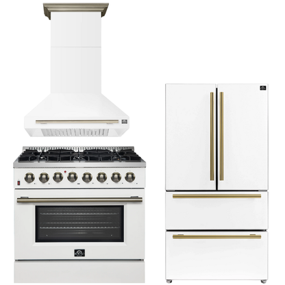 FORNO Appliance Package - 36" Dual Fuel Range, Range Hood, 36" Refrigerator in White with Antique Brass Accents