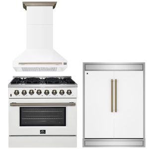 FORNO Appliance Package - 36" Dual Fuel Range, Range Hood, 60" Refrigerator in White with Antique Brass Accents